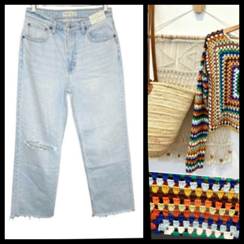 Abercrombie 90's Relaxed High Rise Cropped Wide Leg Distressed Jean Size 28●